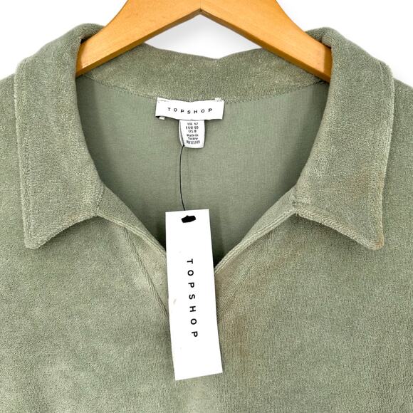 Topshop | Size 8 | Towelling Collared Mini Dress In Sage Green - Picture 5 of 12